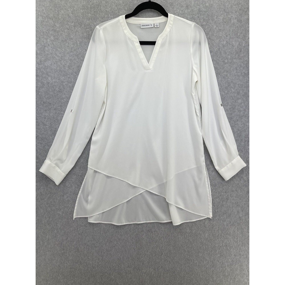 Susan Graver Women's HiLow Vneck Blouse Layered Size 2 White Roll Tab